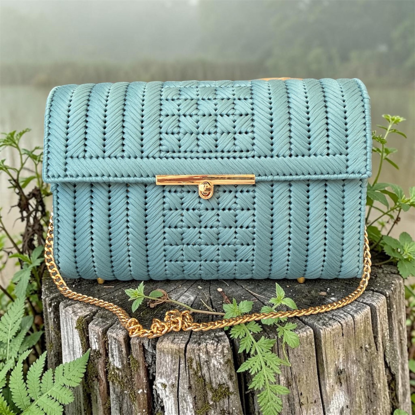 Borsa Acqua color acquamarina intrecciata a mano con catena dorata