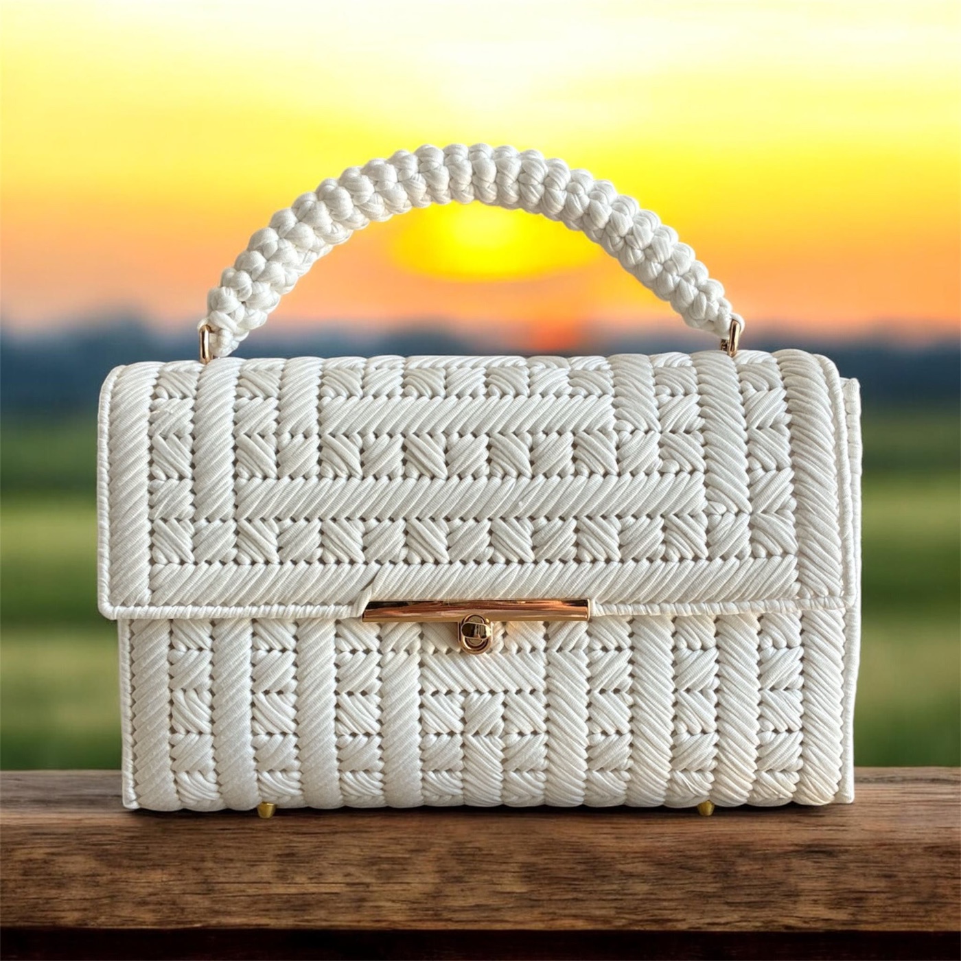 Borsa Alba bianco avorio intrecciata a mano con dettagli dorati