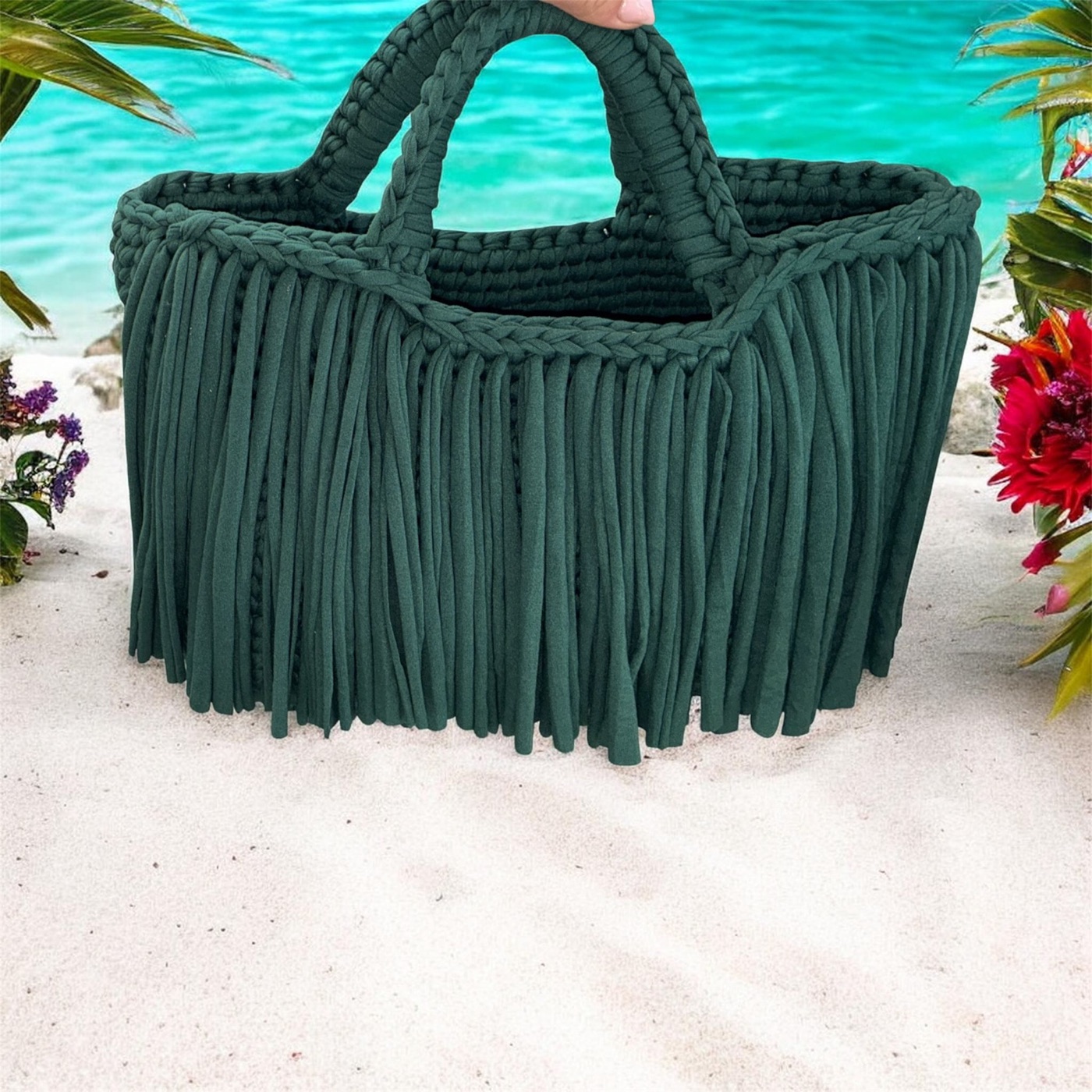 Borsa Laguna verde con frange realizzata a mano